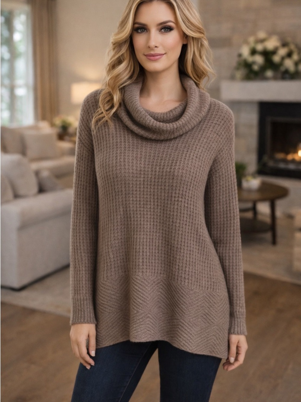 NEW Textured Cowl Neck Knit Sweater in Brown